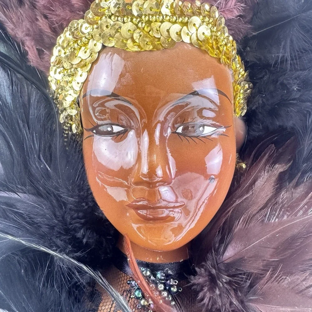 Vintage African American Porcelain Wall Mask Feather Headdress Black Queen